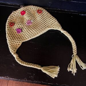 Child baby crocheted lime green floral cotton hat with braids NWOT